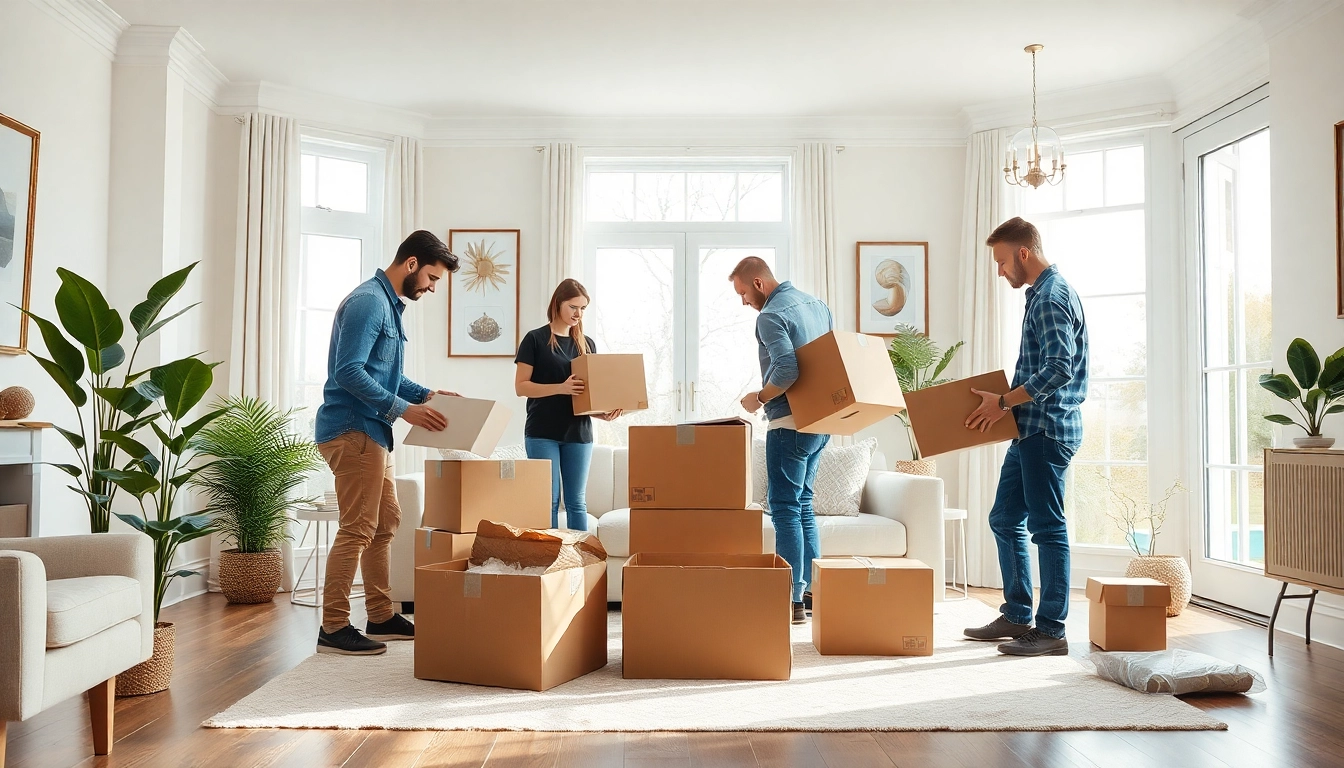 House removal companies efficiently packing a stylish living room, showcasing professionalism and care.