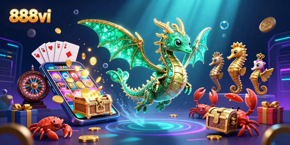 Experience thrilling gameplay with 888vi, featuring a vibrant 3D sea dragon, slot games, and golden treasures.