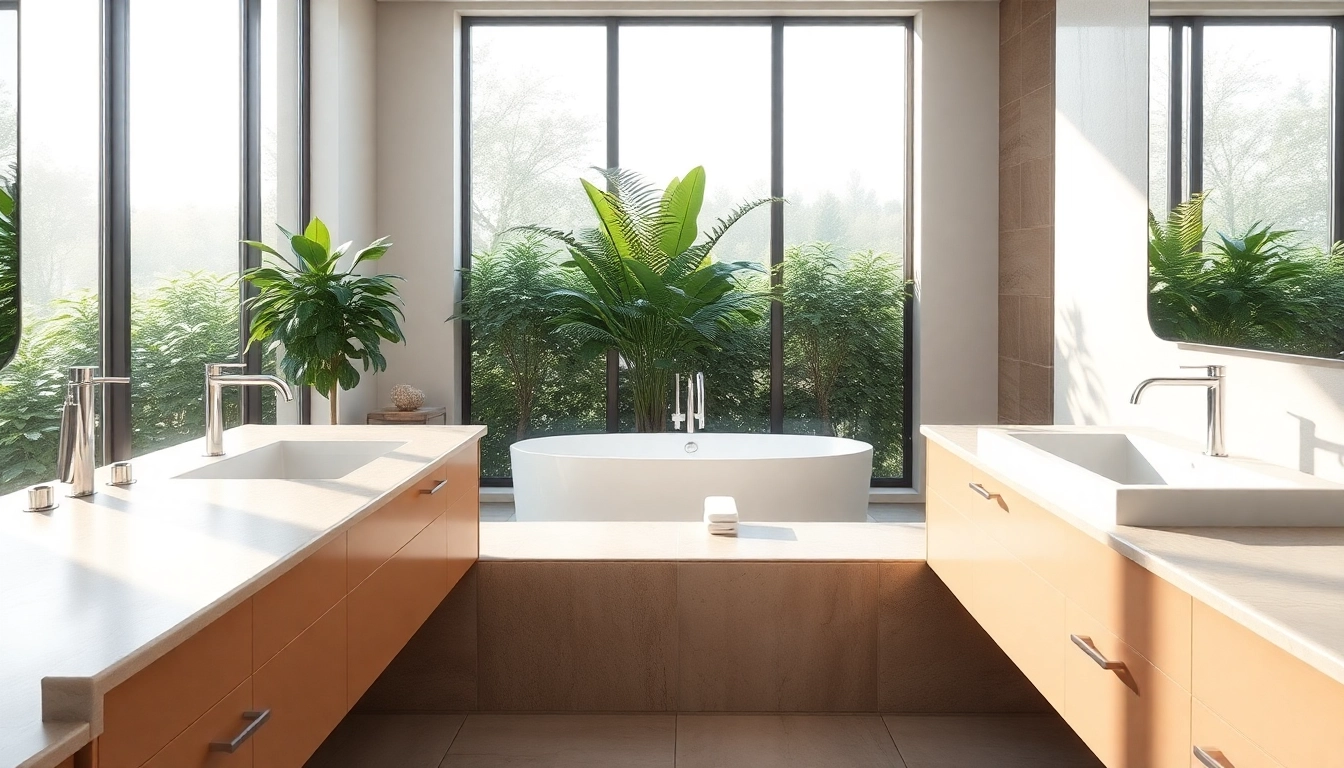 Inviting modern bathroom remodel near me with elegant sinks and freestanding bathtub.