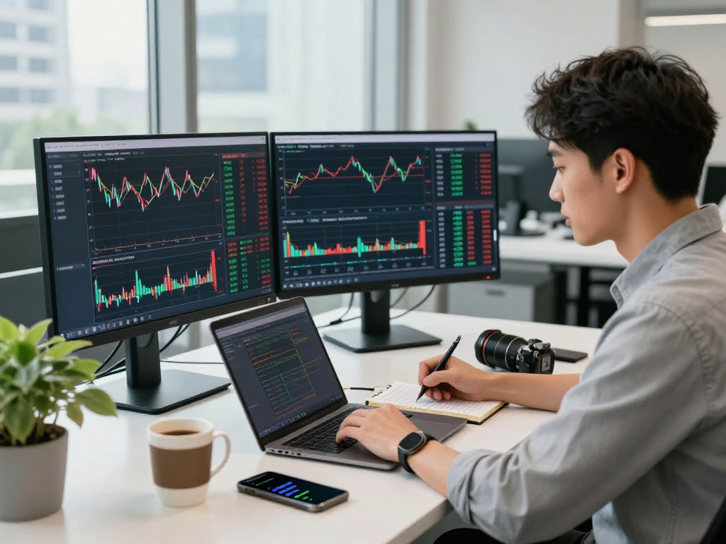 Trader using TradingView with multiple monitors showing market data in a modern workspace.