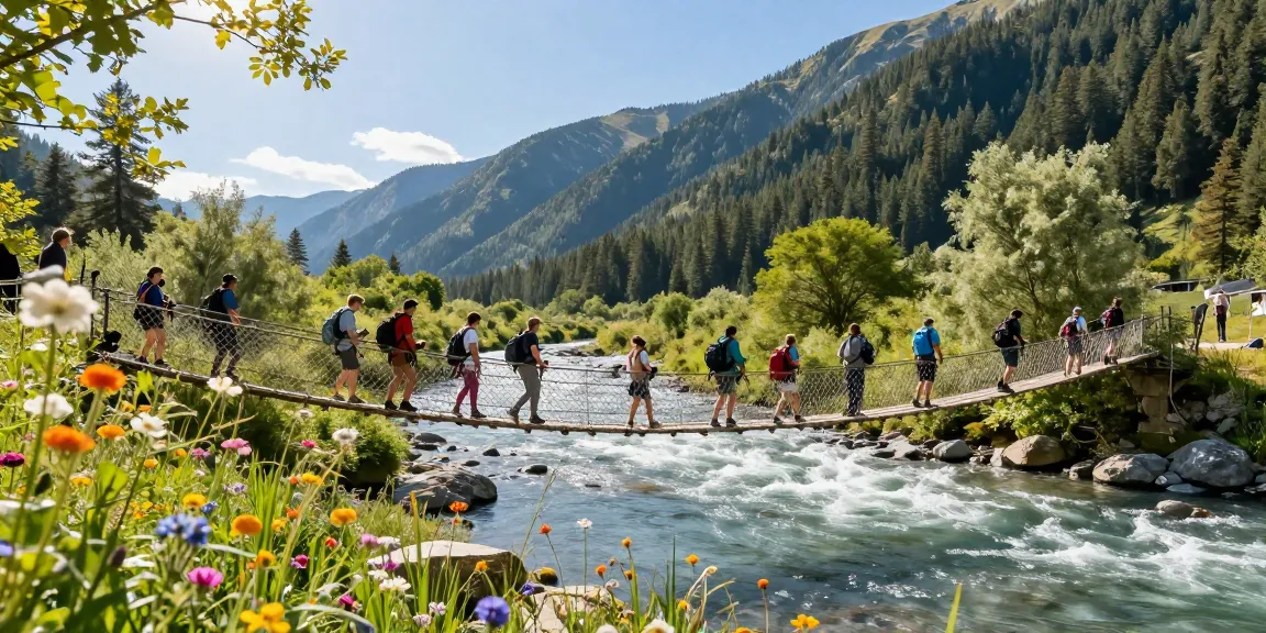 A scenic river rope bridge with hikers crossing over, showcasing adventure in nature.