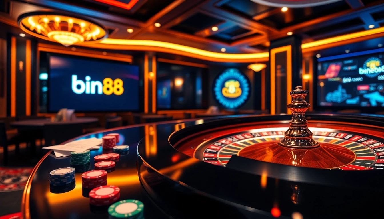 Experience thrilling gameplay at Bin88 casino with vibrant roulette, chips, and betting activities.