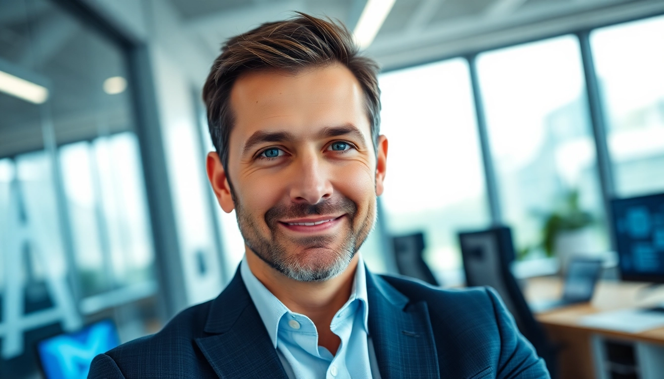 Dinis Guarda, a prominent thought leader, presents his vision in a modern office setting.