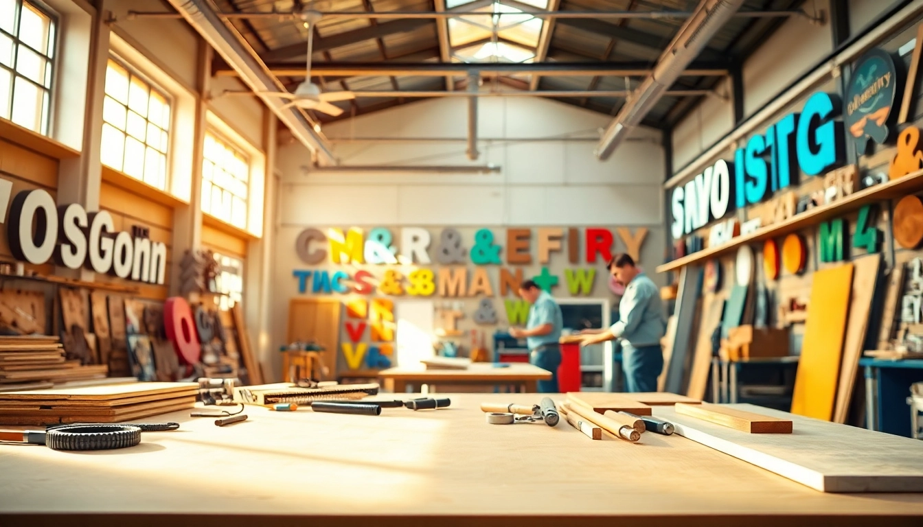 Craftsmen engaged in sign manufacturing, showcasing dynamic designs and tools in a bright workshop.