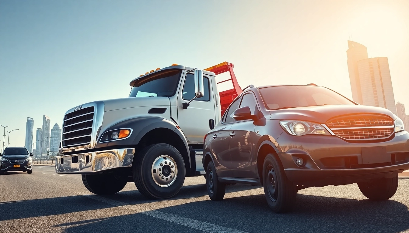 Efficient car recovery service at https://trtrecoveryuae.com aiding a stranded vehicle in Dubai's vibrant landscape.