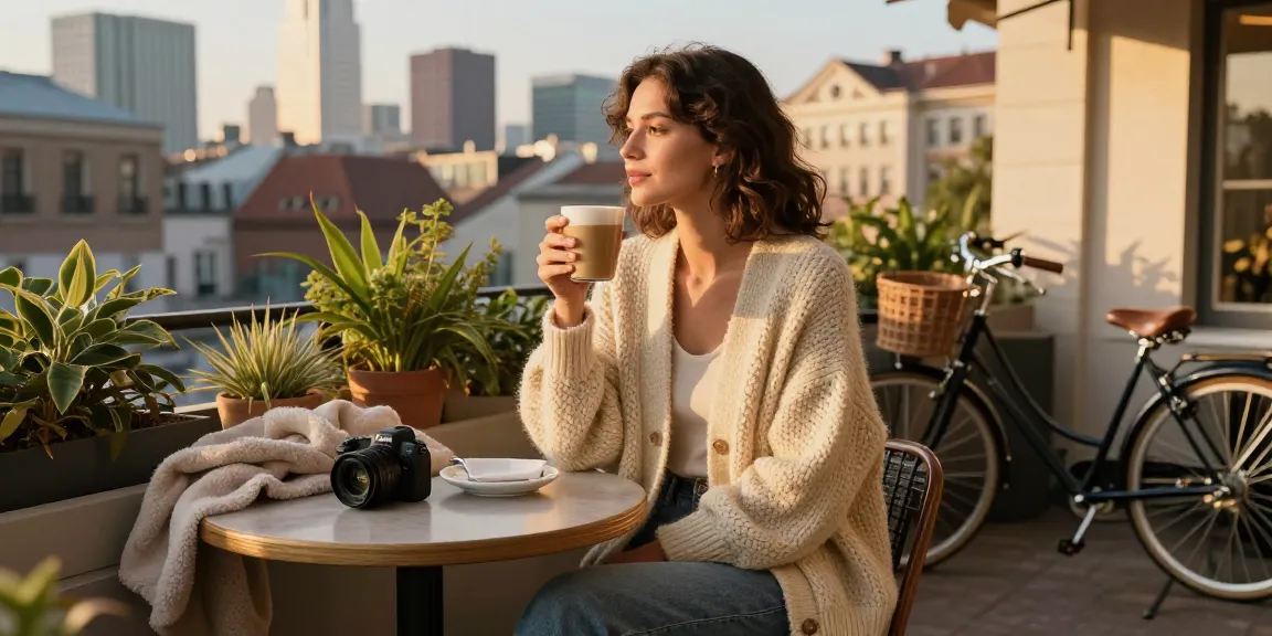 A woman in a cozy knitted cardigan enjoying a warm drink at a café, showcasing sustainable fashion.