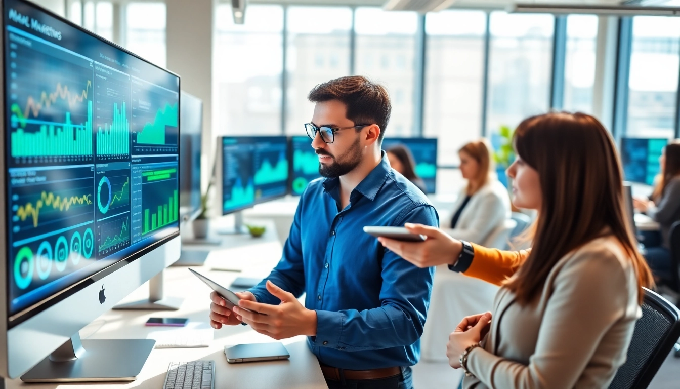 Active digital marketing strategist discussing strategies within a vibrant office setup.