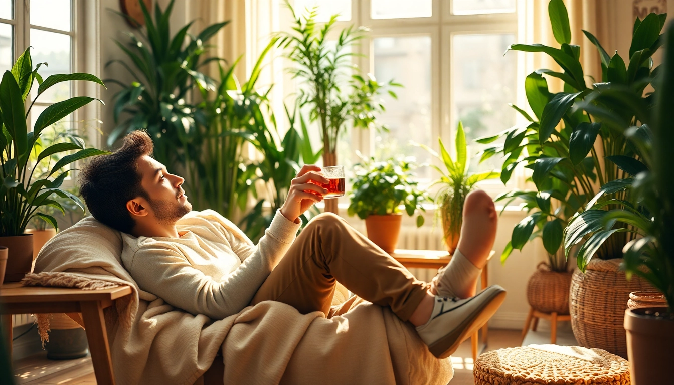 Capture the essence of Life in a Break Down with an individual in a serene, plant-filled setting.