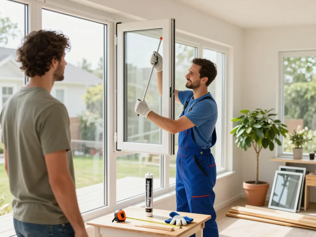 Screen and window replacement with installers updating residential windows and showcasing tools