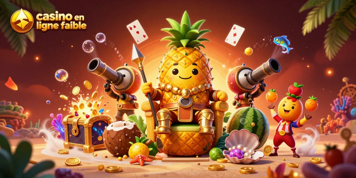 Casino en ligne fiable : illustration colorée d'un roi ananas entouré de gardes et de jeux.