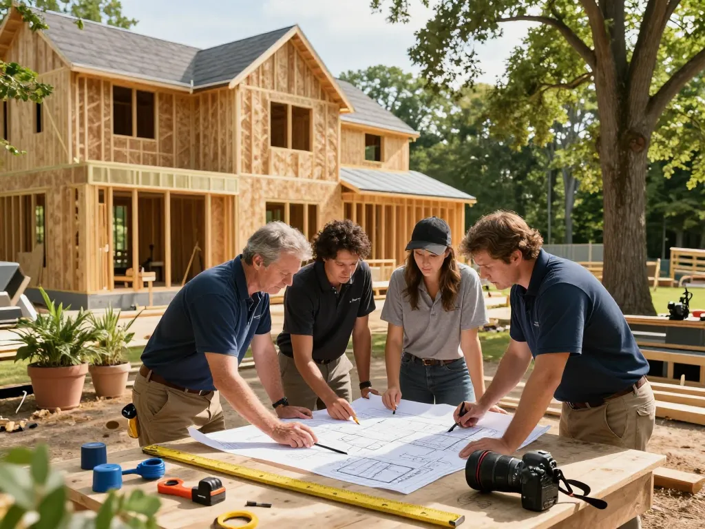 Patco construction team collaborating on blueprints at a Southern Maine home site