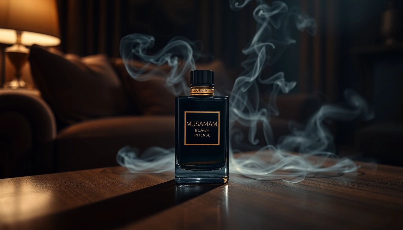 Ruimte met Musamam Black Intense by Lattafa parfumfles, die luxe en verfijning uitstraalt.