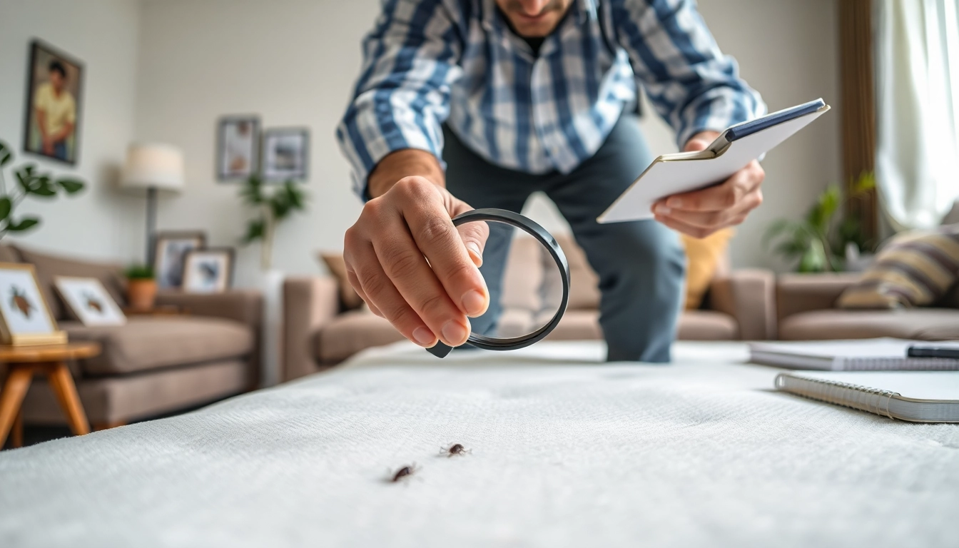 Inspecting for bed bugs by https://affordablebedbugexterminators.com in a living room with focused detail.