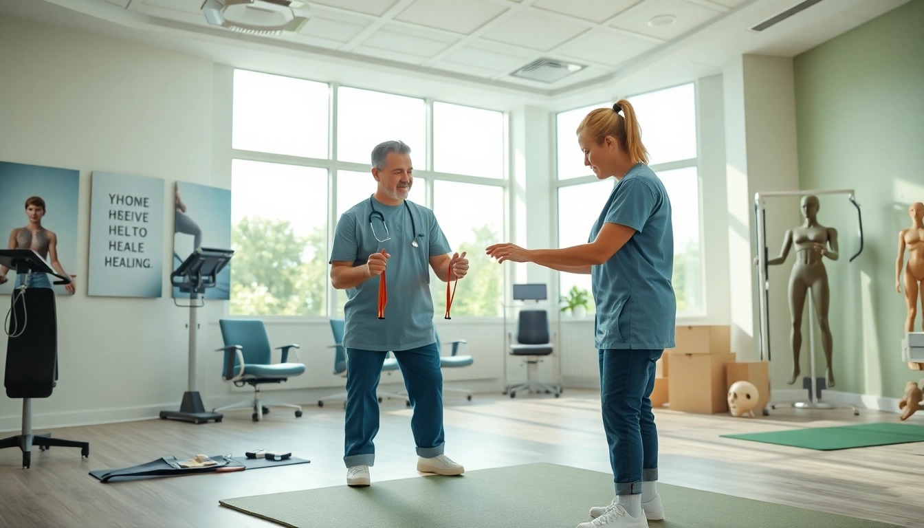 Physiotherapie Stuttgart: Physiotherapist assisting a patient in a bright, modern clinic.