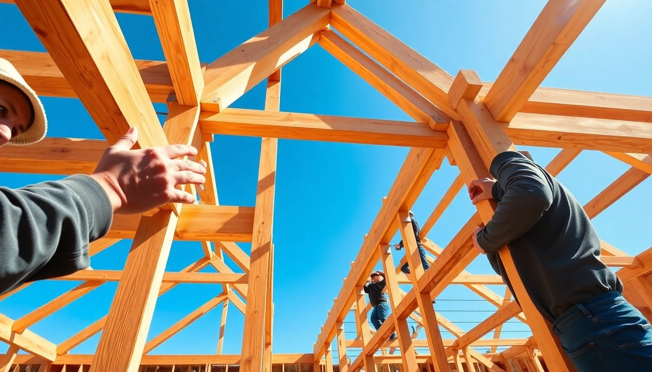 Crafting a structural timber frame showcasing skilled artisans at work.