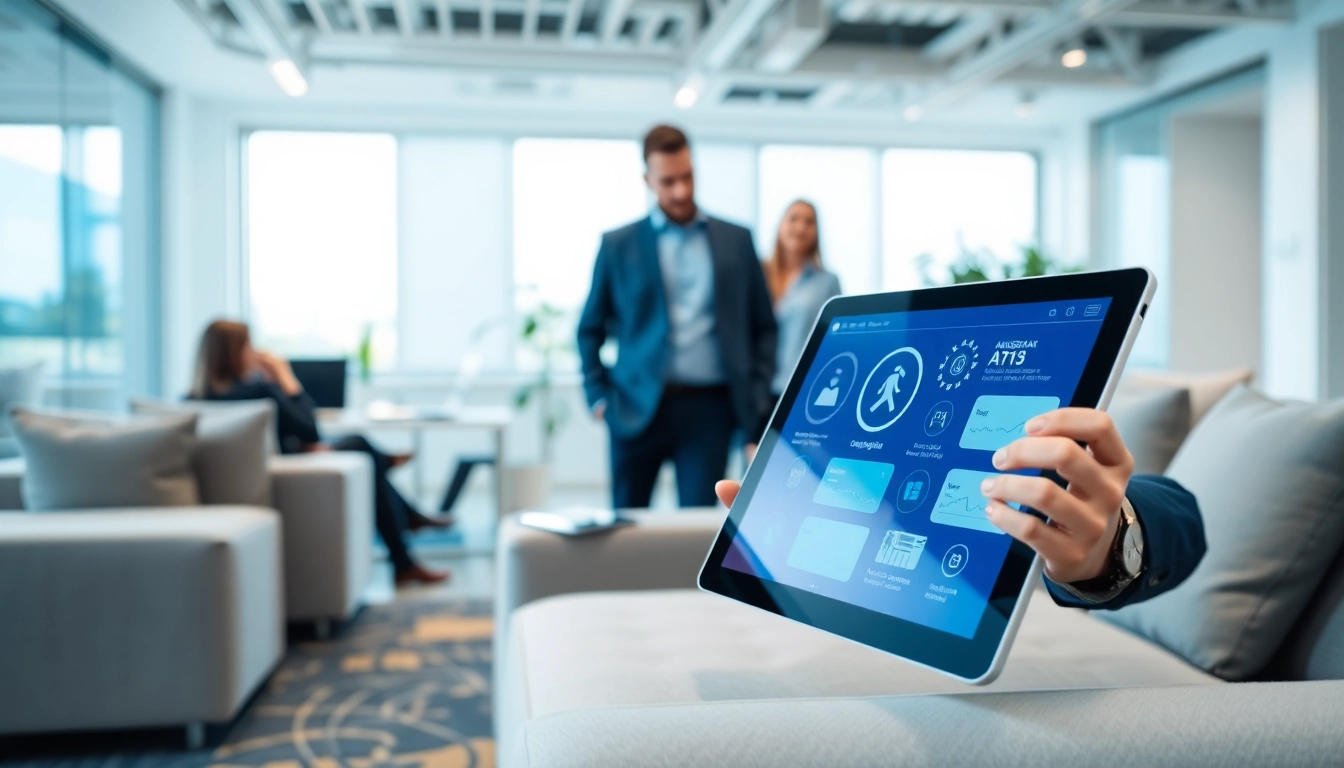 A dynamic scene of an enterprise ai assistant enhancing teamwork and collaboration in a modern office.