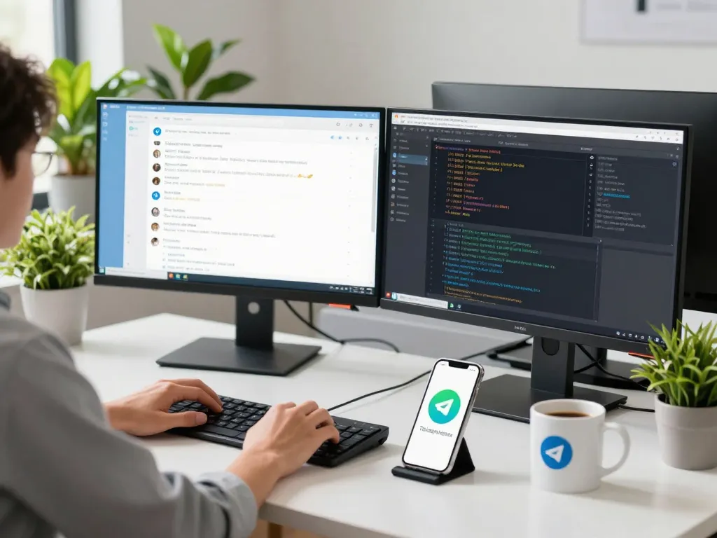 Developer engaging with Telegram 中文 in a modern tech workspace.