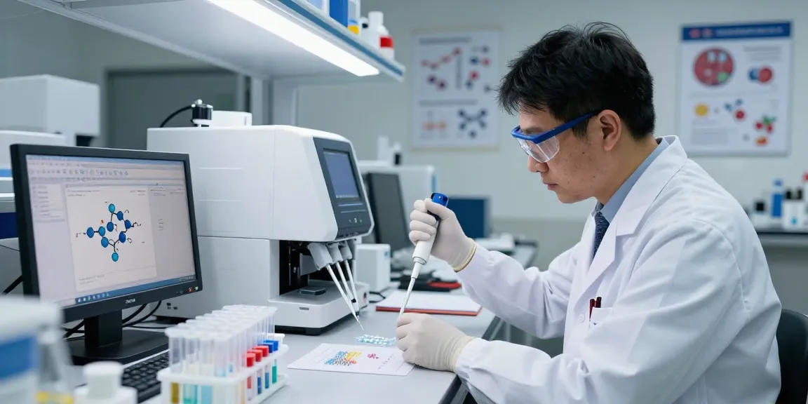 Research peptide supplier analyzing peptide samples in a laboratory.