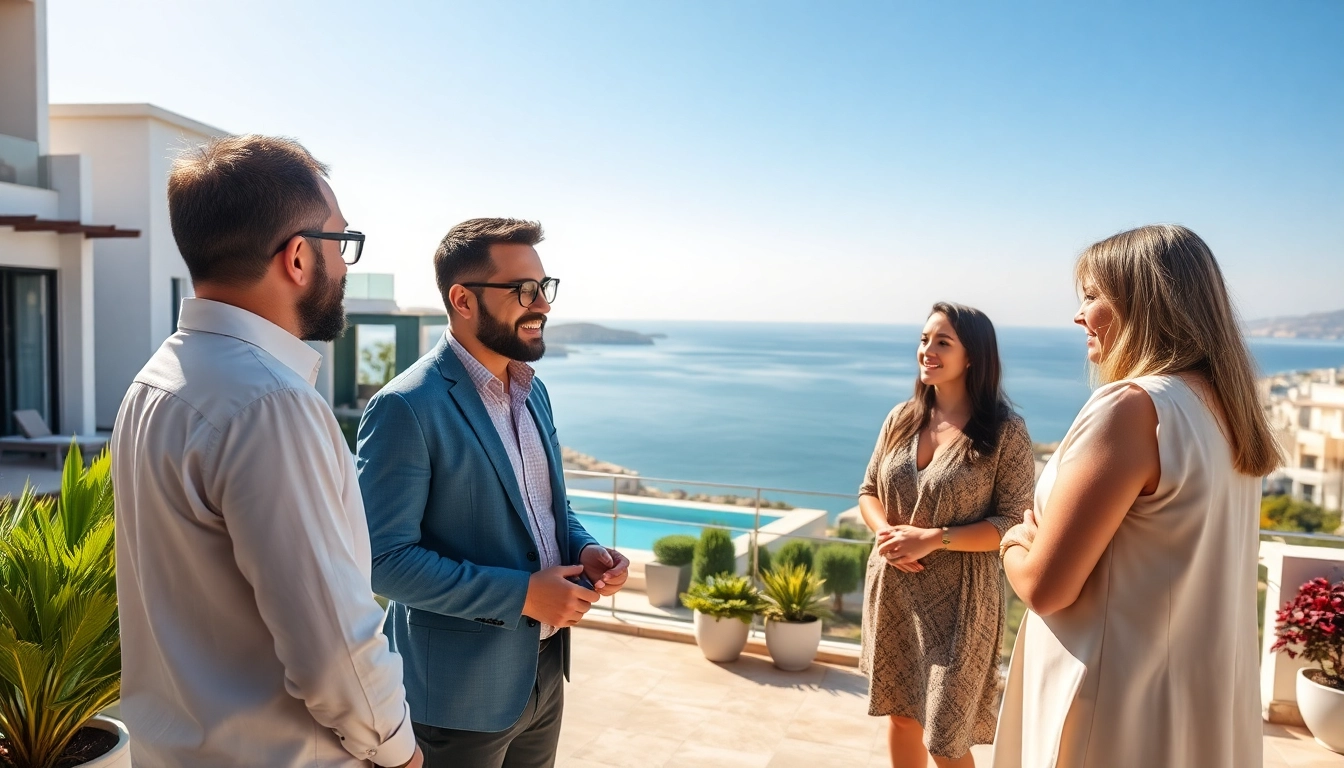 Engaging real estate in Alanya discussion with agents on a sunny terrace overlooking the Mediterranean.