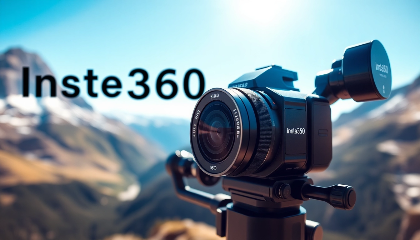 Capture stunning moments with the Insta360 camera, showcasing its sleek design in a breathtaking landscape.