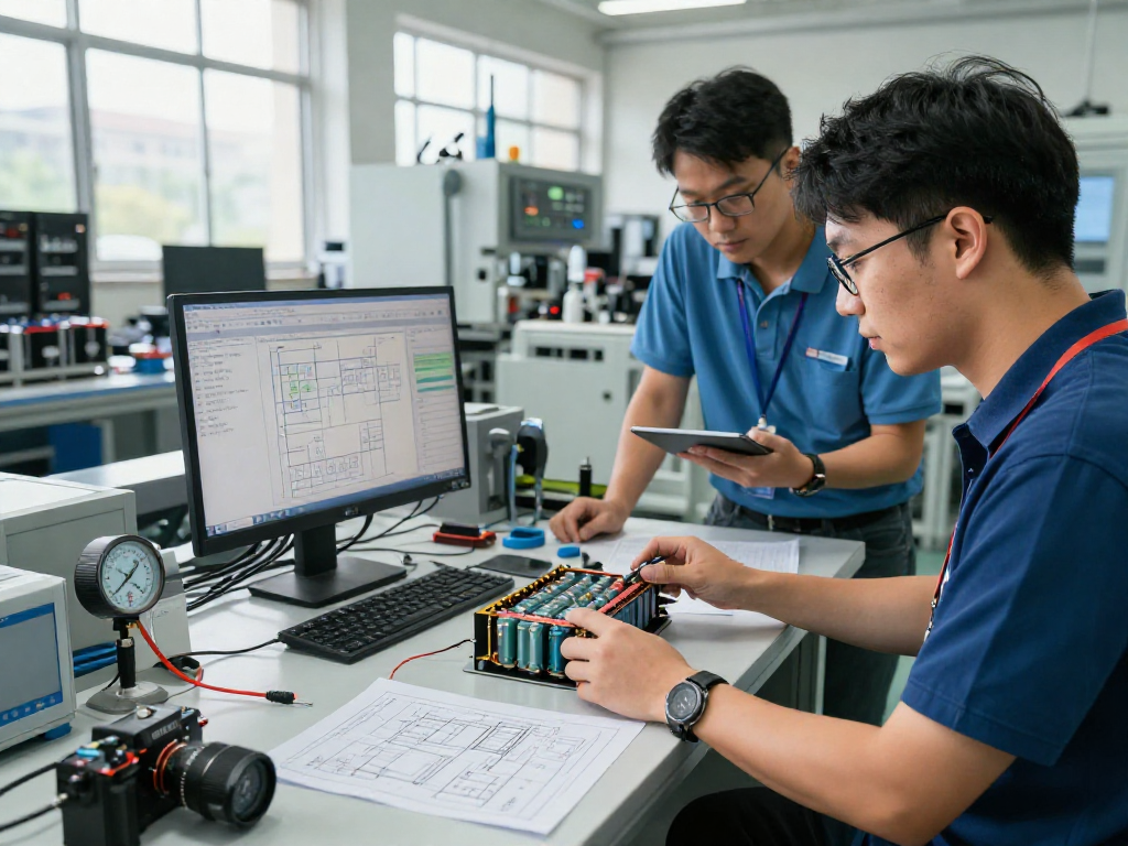 Engineers collaborating on custom lithium battery pack manufacturing in a bright workshop.
