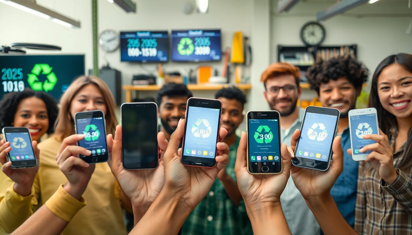We buy old phones from happy people showing various smartphone models in a professional setting.