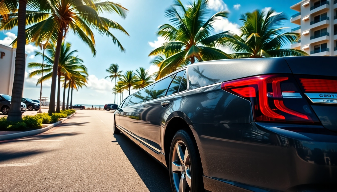 Limo in Miami Florida parked elegantly on a vibrant street with palm trees and city skyline.