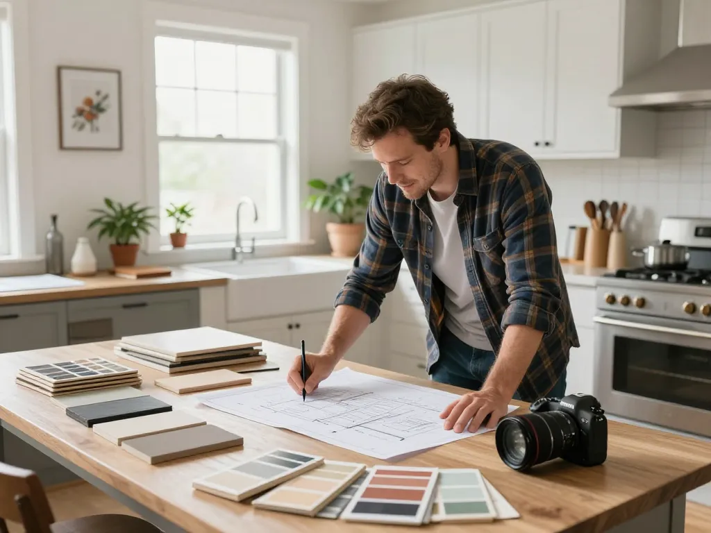 Kitchen renovation consultation scene at https://www.crediblekb.com with contractor reviewing plans and design elements