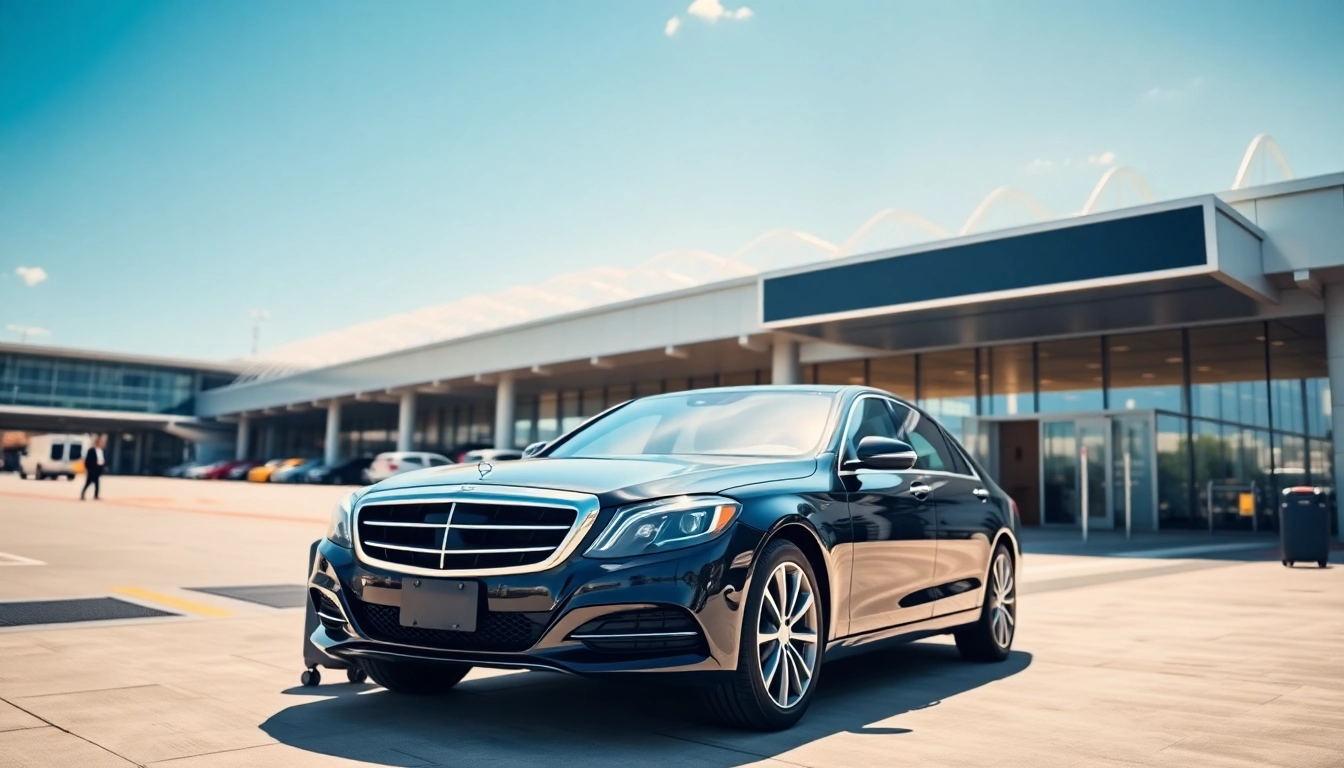 LGA car service vehicle parked at the airport drop-off, showcasing professionalism and luxury.
