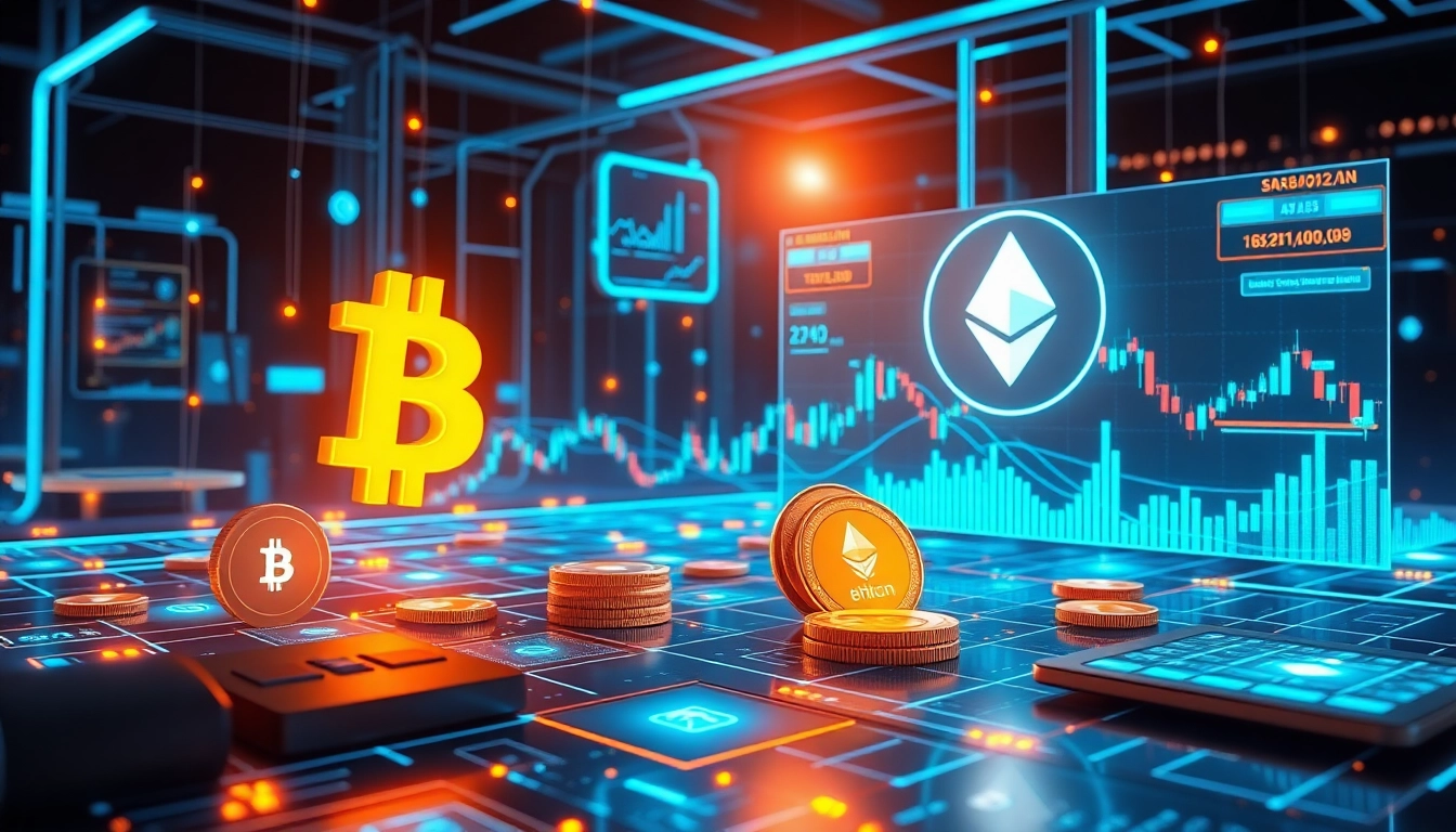 Wizualizacja handlu kryptowalutami z symbolami Bitcoin i Ethereum, siecią blockchain oraz interfejsami portfeli cyfrowych.