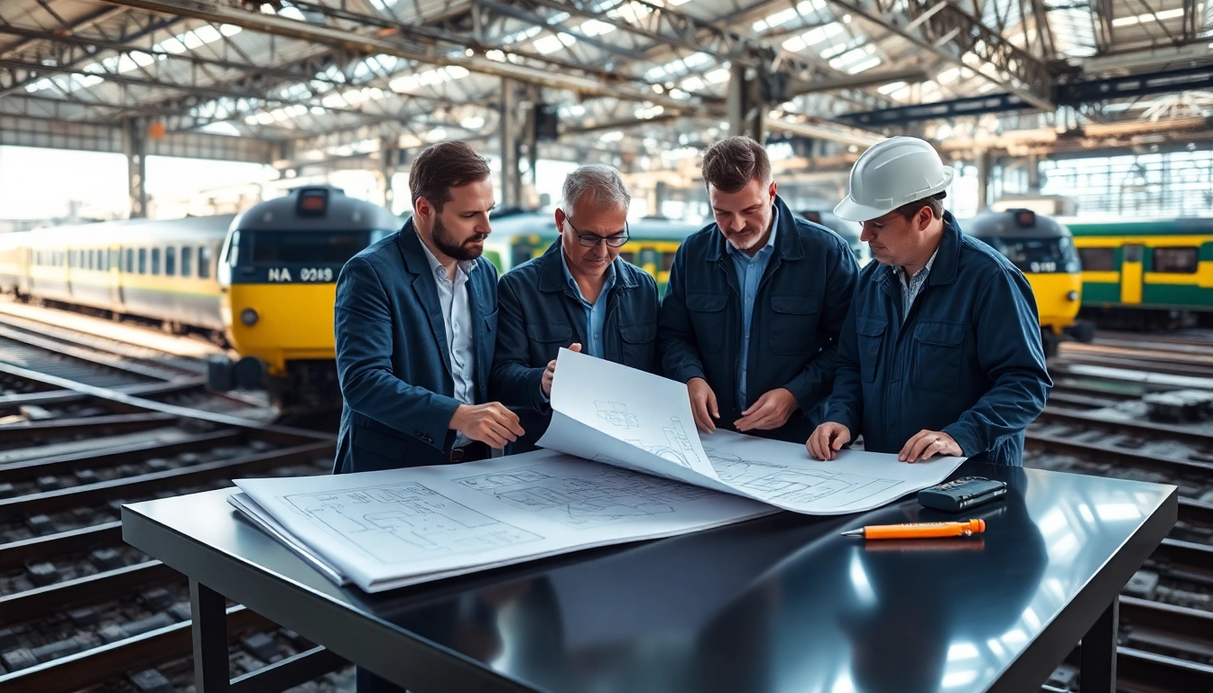 Engineers collaborating on railroad engineering designs in a busy railway yard.