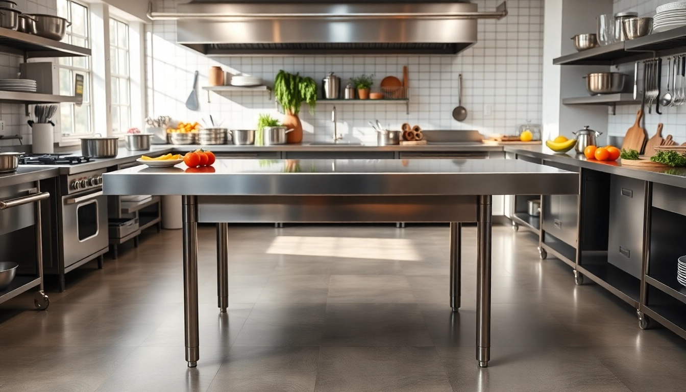 Stainless steel table displayed prominently in a bright commercial kitchen environment.