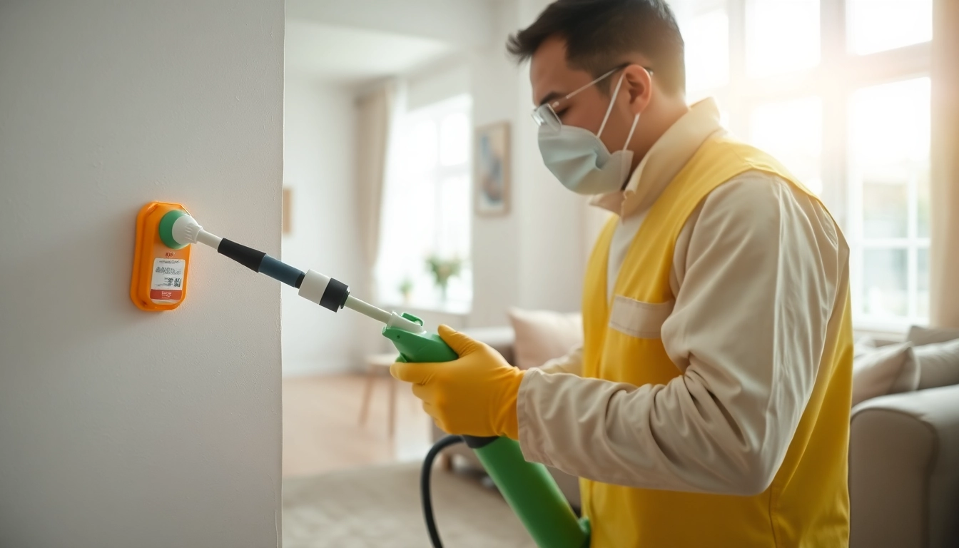 24 hour bug exterminator applying pest control treatment in a home setting