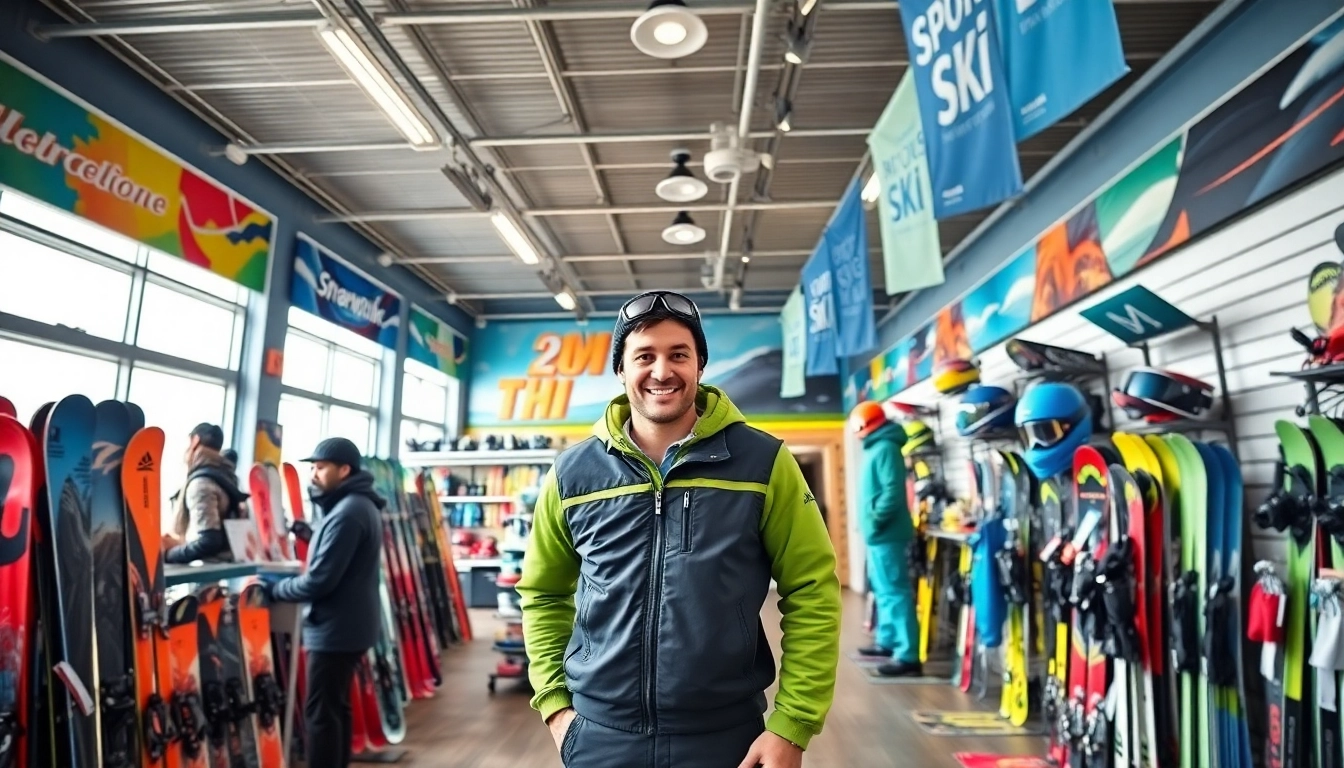 Ski shop showcasing a range of gear and equipment with vibrant displays and friendly customer service.