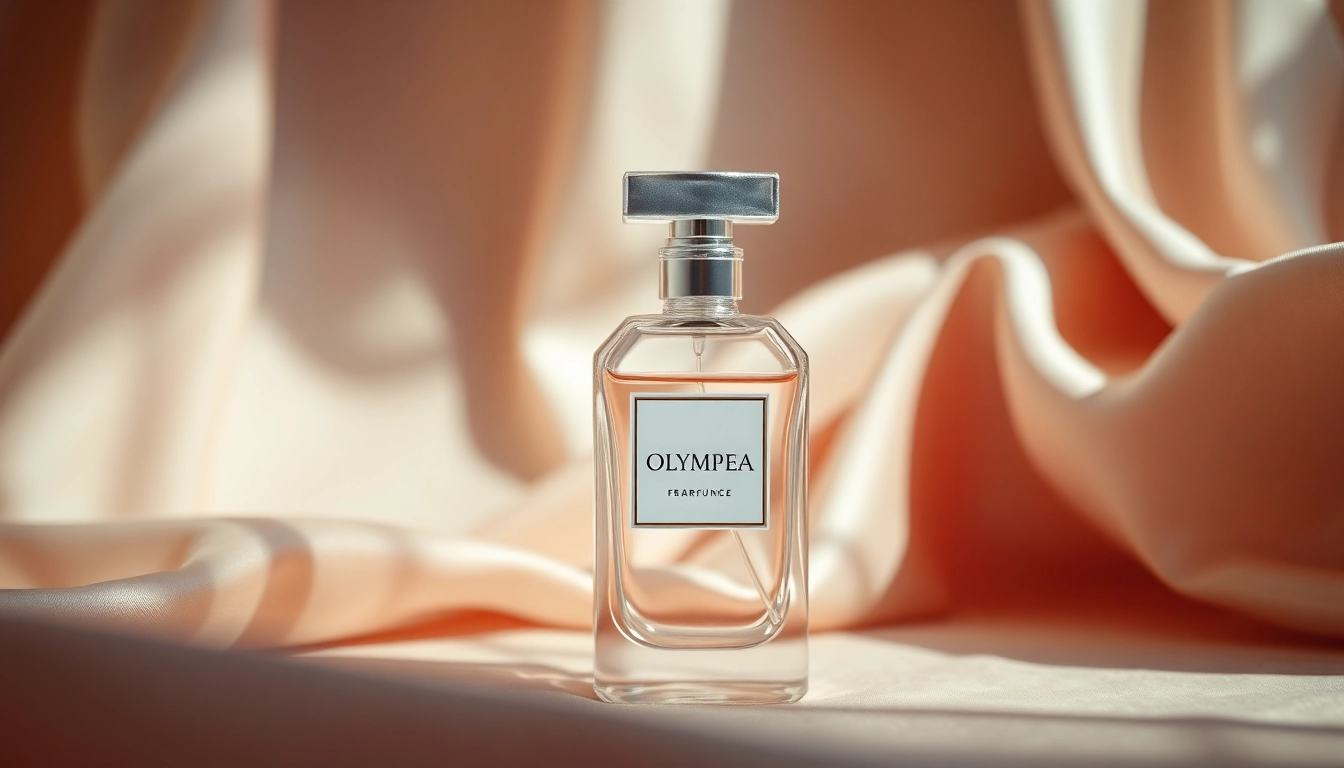 Admiring the Olympea perfume with its elegant bottle in a soft pastel setting.