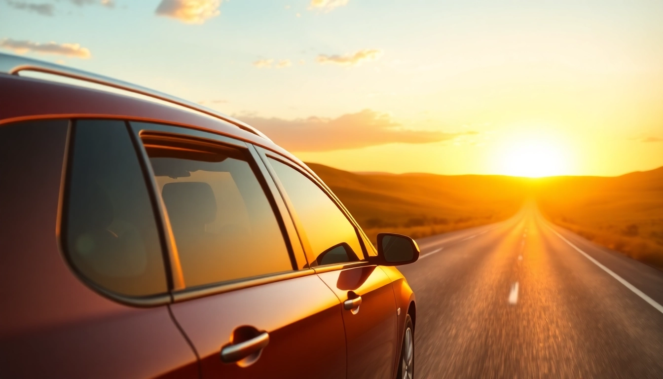Experience convenient LONG DISTANCE TAXI TRANSFERS with a modern taxi against a scenic sunset.