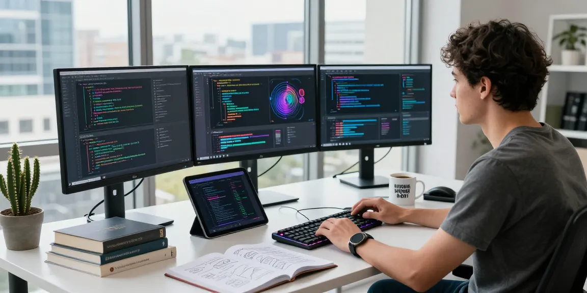 Software engineer developing crushon ai with monitors, coding books, and city view.