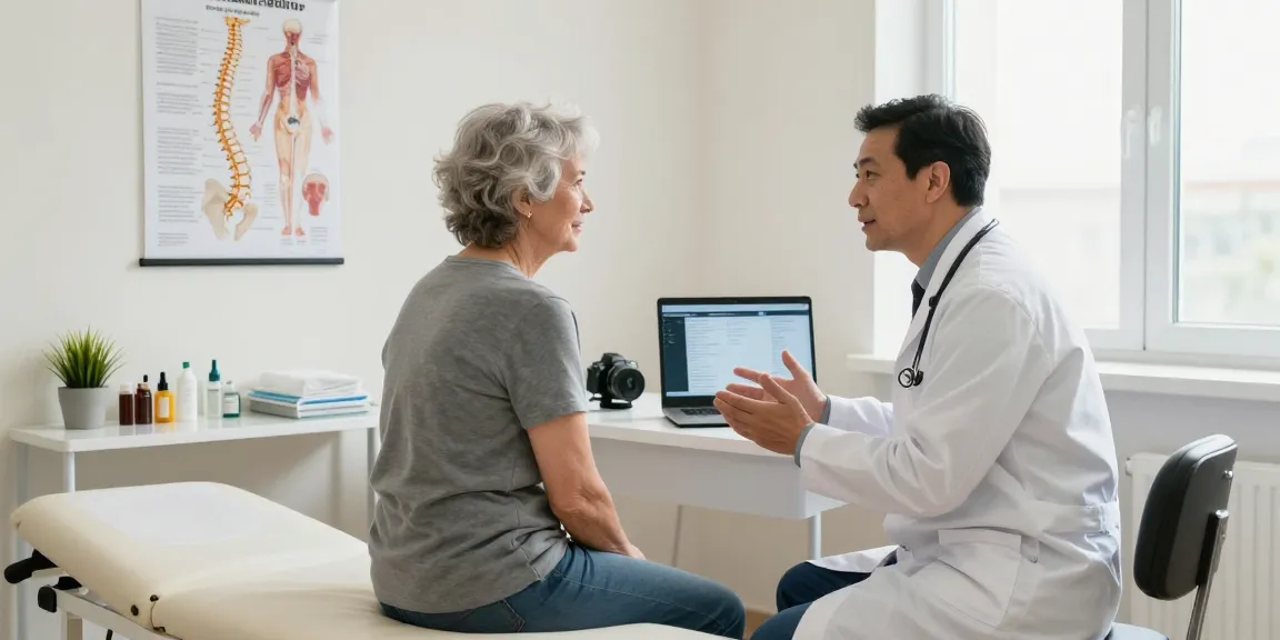 Dar kanal ameliyatı discussion between doctor and patient in a medical setting, focusing on spine health.