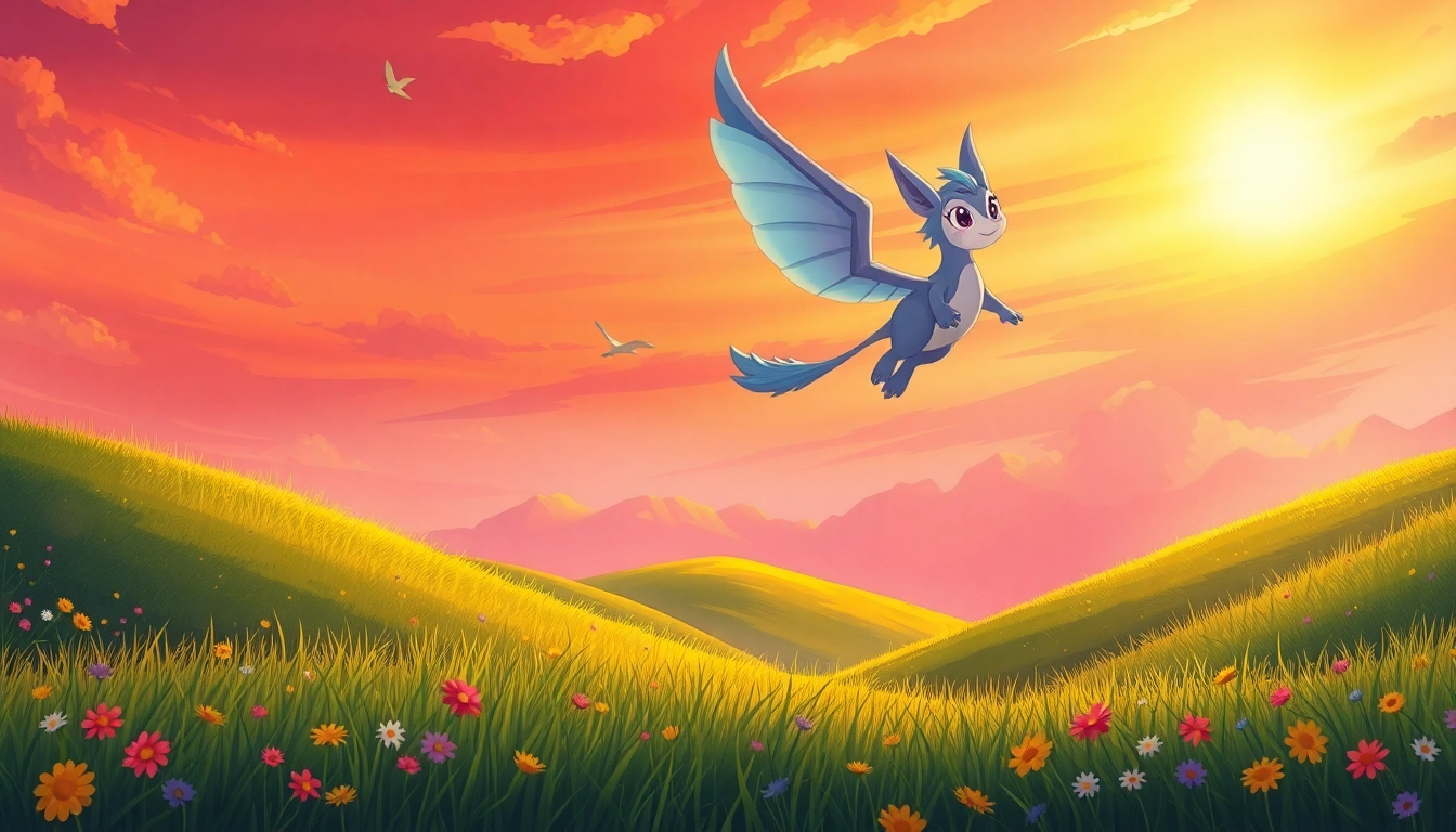 Sora, the mythical creature, soars through a vibrant sunset sky over lush hills.