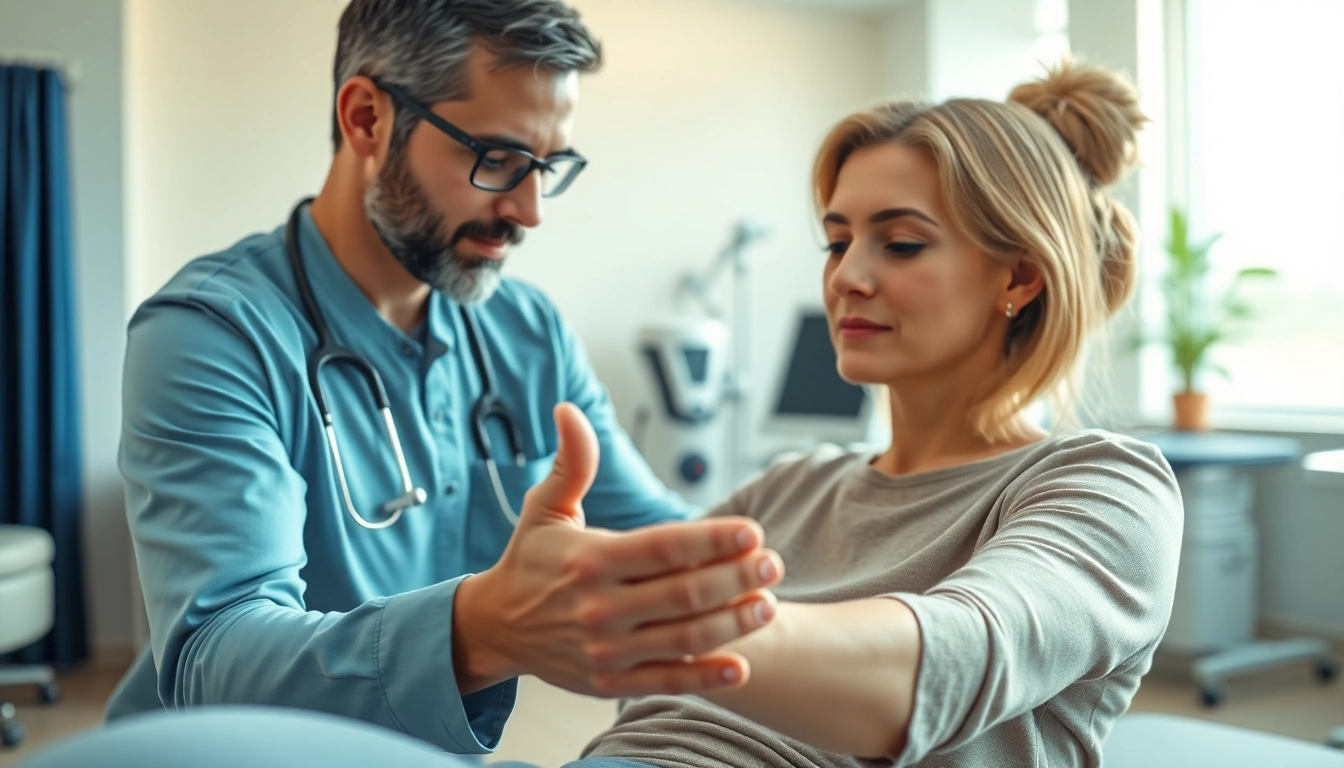 Showcasing north side edmonton physiotherapy with a therapist assisting a patient in a modern clinic.