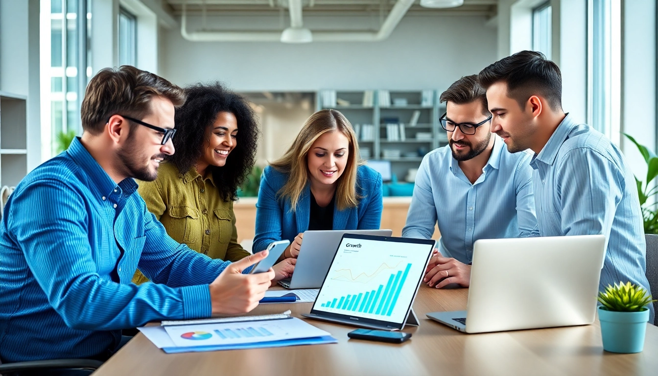 Marketing team analyzing data for effective Growth marketing strategies in a modern office.