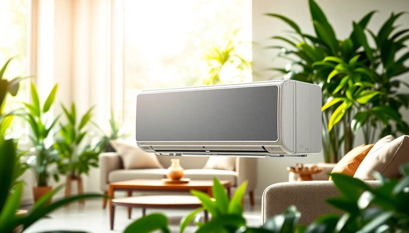 Install a mini split AC unit in a stylish living room surrounded by plants.