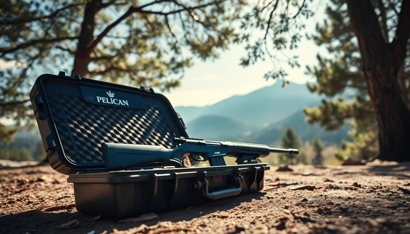 Showcasing a Pelican rifle case with an open design in a natural outdoor setting.
