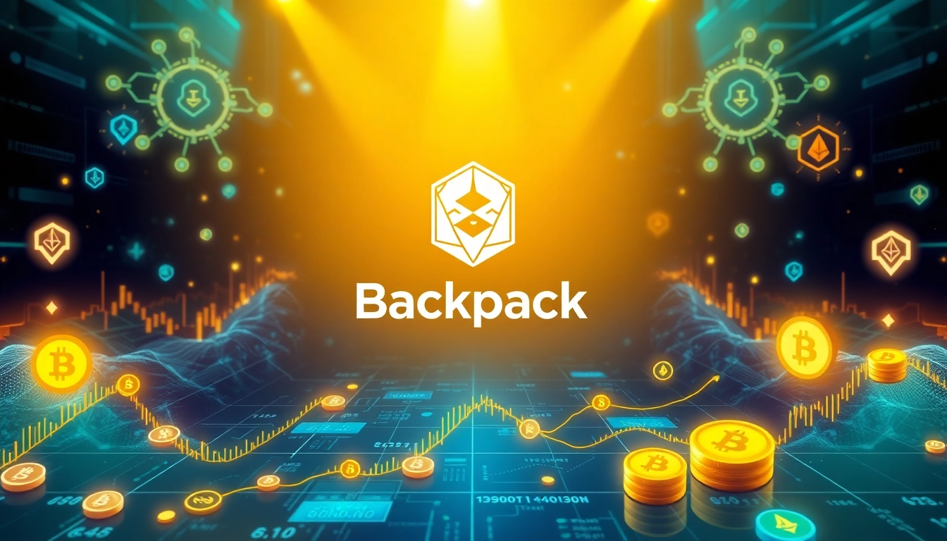 Visualize the Backpack crypto exchange interface with cryptocurrencies, charts, and a techy landscape.