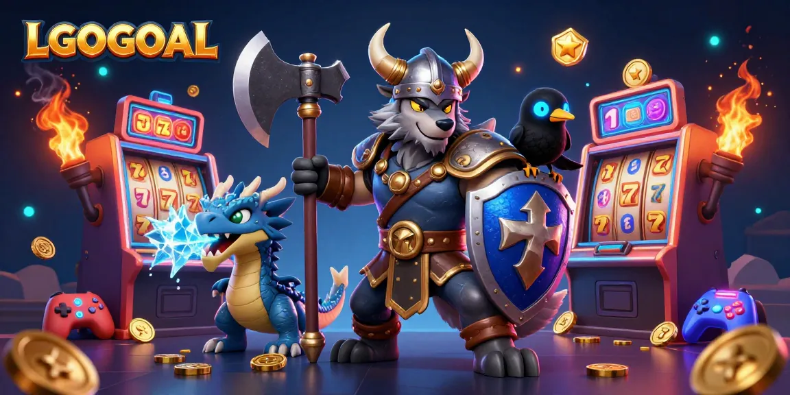 Spin the reels at LGOGOAL while a Viking wolf warrior battles alongside a fierce dragon in a vibrant casino.
