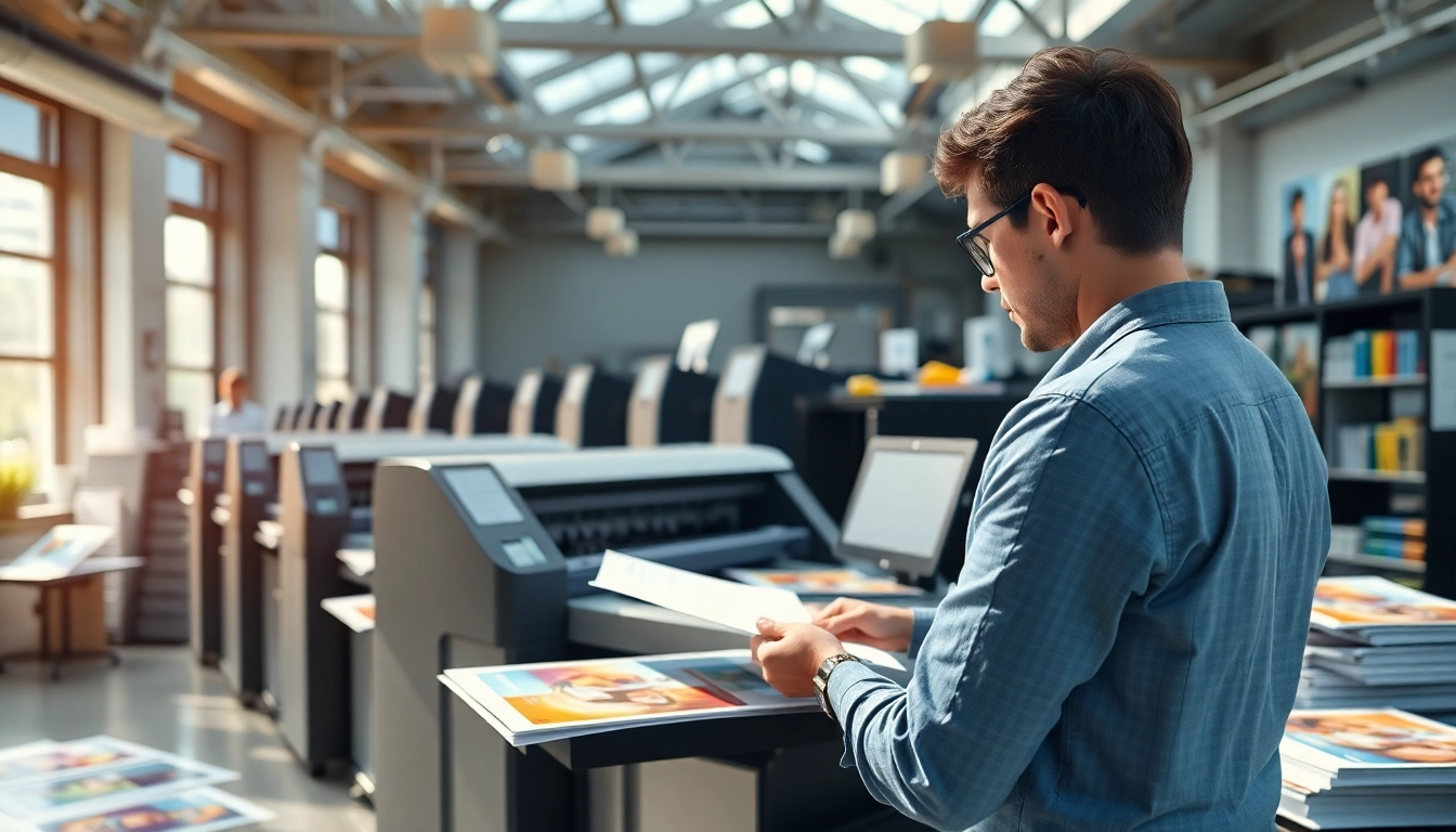 Showcasing custom print shop edmonton with cutting-edge printers and vibrant print samples.