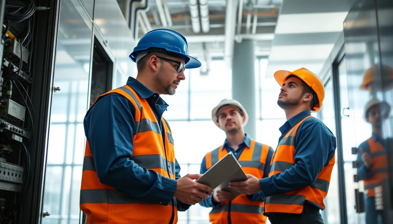 Technicians performing commercial electrical maintenance in an office setting, ensuring safety and efficiency.