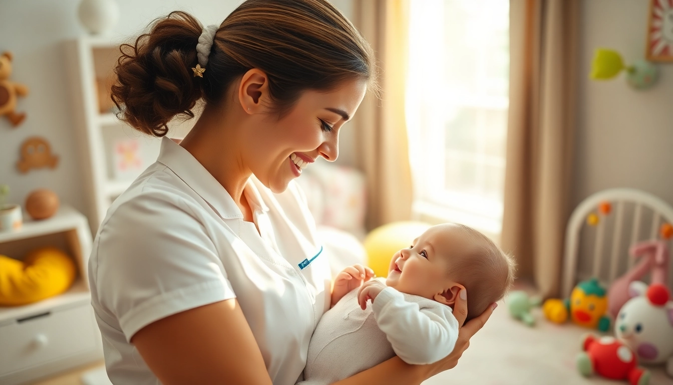 Infant care maid nurturing a baby in a bright, cozy nursery setting.