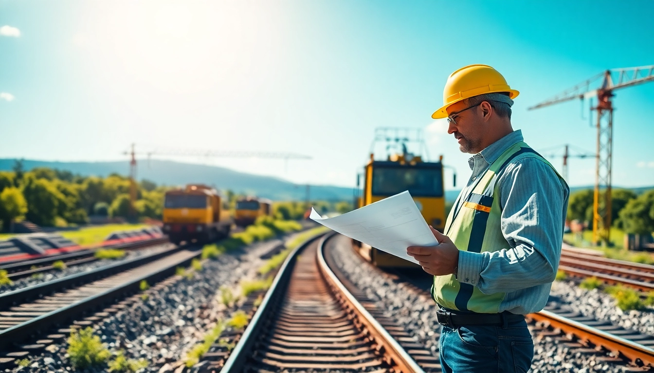 Engineer overseeing railroad engineering project with machinery and tracks.