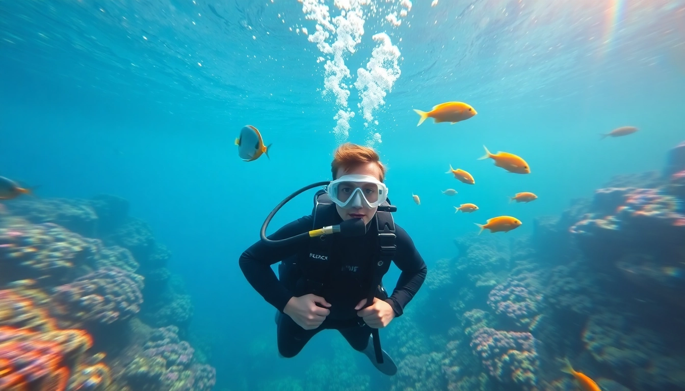 Tauchen Lernen in klarem Wasser mit einem Taucher, der die Grundlagen erlernt.